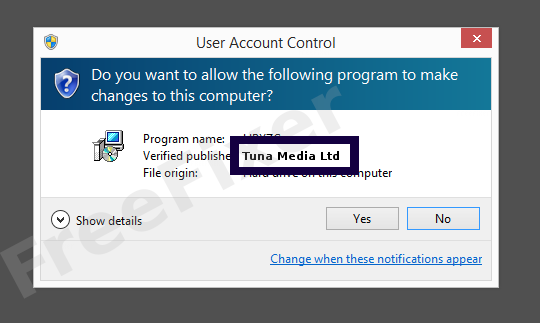 Screenshot where Tuna Media Ltd appears as the verified publisher in the UAC dialog